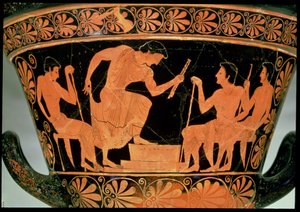 En musikkonkurrence, detalje fra en attisk rød-figur calyx-krater, fra Cervetri, Italien, ca. 510 f.Kr. (keramik) (bagsiden af 92569)